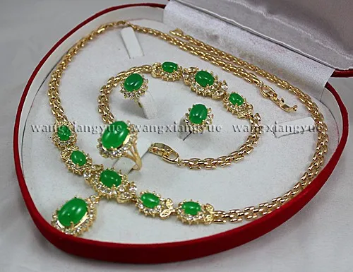 

Wholesale price 16new ^^^^Natural Green stone Inlay Link Bracelet earrings Ring Necklace Set