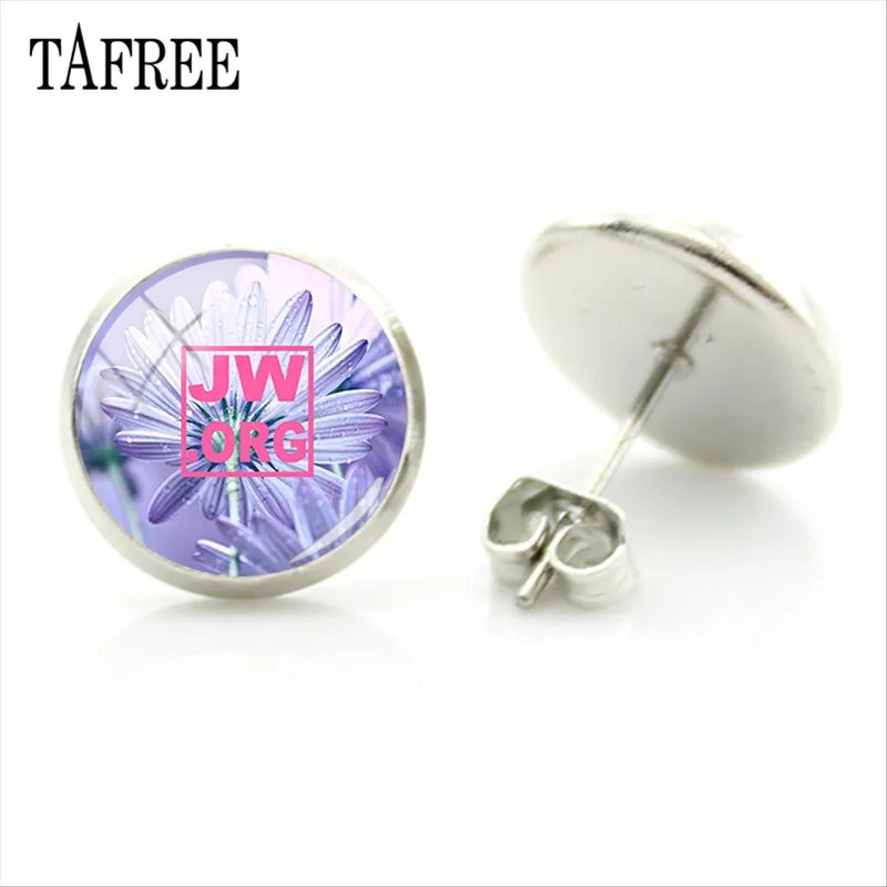 

TAFREE Purple Flowers JW.ORG Stud Earrings Glass Cabochon Images Silver Color Bohemia Earrings Party Birthday Gift JW18