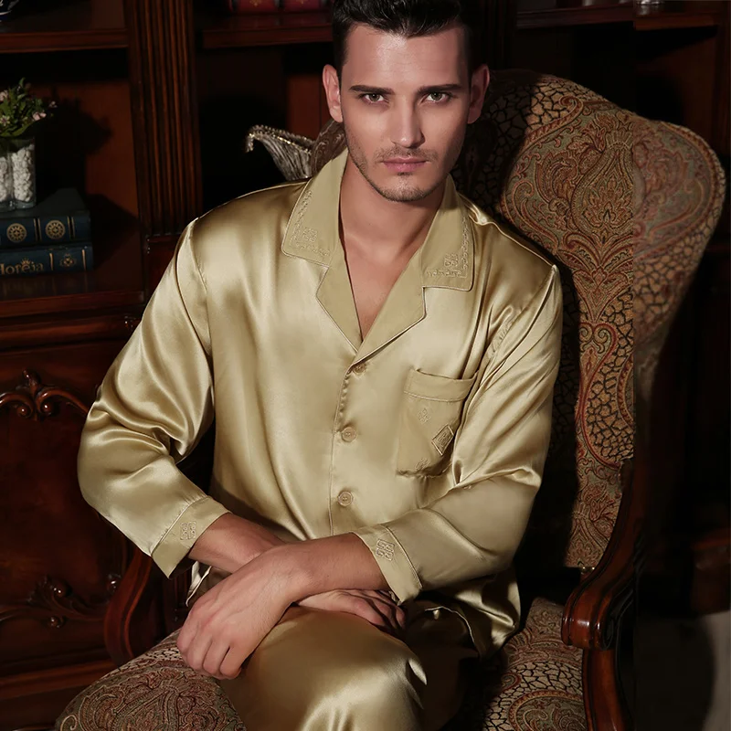 

Brand Male Silk Pajamas Fashion Men's 100% Silk Long-Sleeve 2-Piece Pajama Pants Sets Comfortable Soft Men Homewear Sets