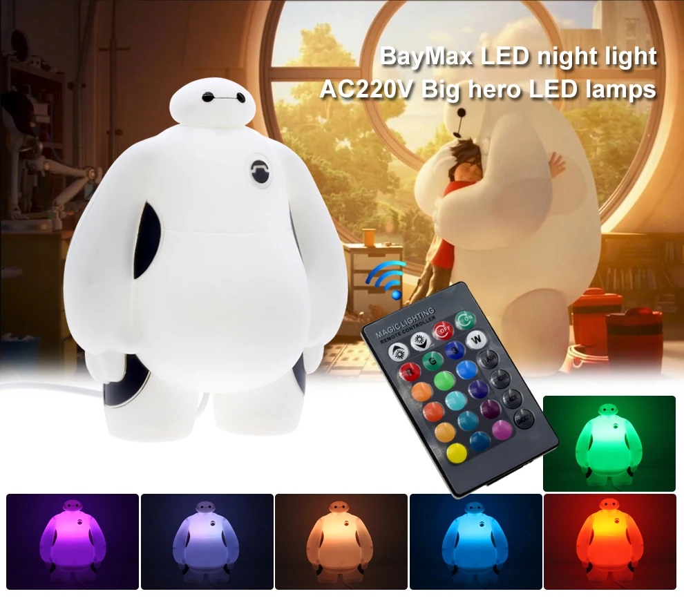 Большой Герой 6 светодиодный ночник BayMax лампы AC220V RGB/теплый белый детский подарок Спальня украшения дома Новинка освещение