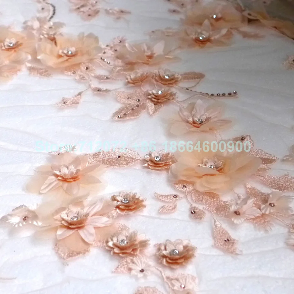 New off white Nudeyellow Hot fashion rhinestone 3D flowers on netting embroidered wedding evinging dress lace fabric