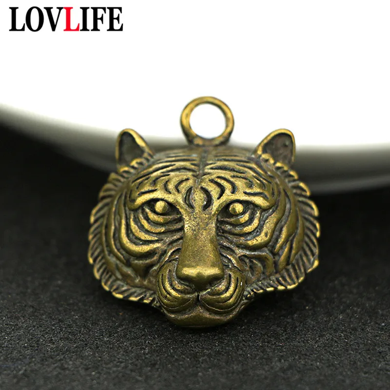 Retro Brass Small Tiger Head Key Chains Pendants Handmade Pure Copper Chinese Zodiac Tigers Keychain Pendant Car Hanging Jewlery | Украшения