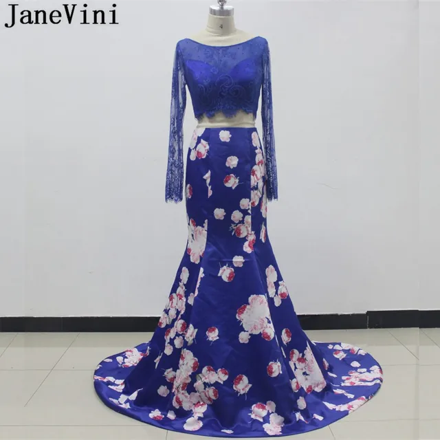 Blue Flower Print Prom Dresses