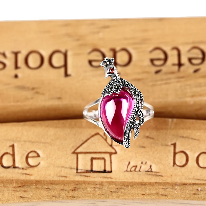 

Silver ring 925 silver with drop-shaped plate peacock lady ring vintage noble palace fashion