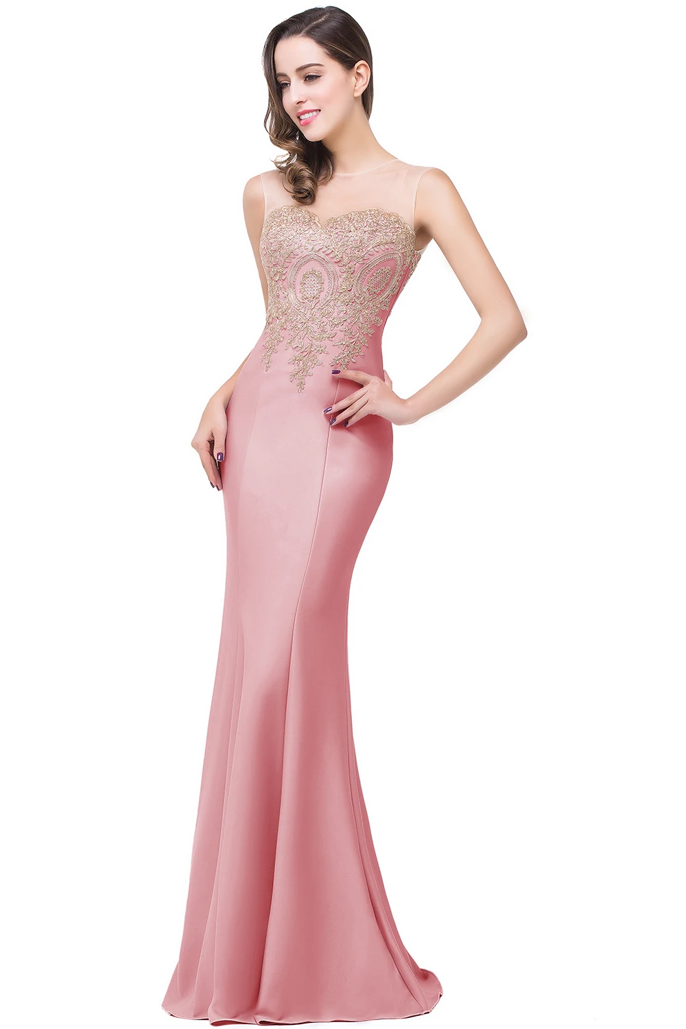 Розовое шифоновое длинное платье подружки невесты с v-образным вырезом без рукавов, свадебное платье с аппликацией, vestido madrinha