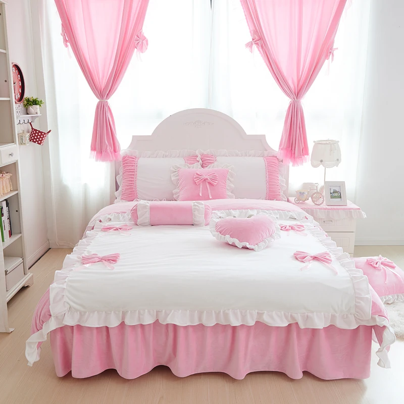 

4/7pcs Fleece fabric Girls Bedding Set King Queen Size warm Luxury Princess style Bed set winter bowknot Duvet Cover Bed Sheet