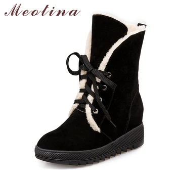 

Meotina Winter Snow Boots Women Shoes Lace Up Wedge Heel Ankel Boots Platform Height Increasing Heel Short Boots New Big Size 43