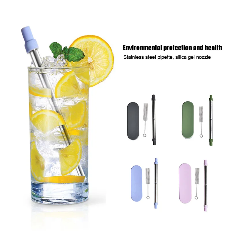 Lovely Reusable Collapsible Drinking Straws Stainless Steel Straw with Brush Portable Storage Box XH8Z