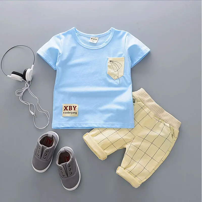 Летний комплект одежды для маленьких мальчиков с героями мультфильмов; хлопковая одежда для маленьких мальчиков; модный костюм для новорожденных; Верхняя одежда; спортивные комплекты для мальчиков; Новинка - Цвет: sky blue