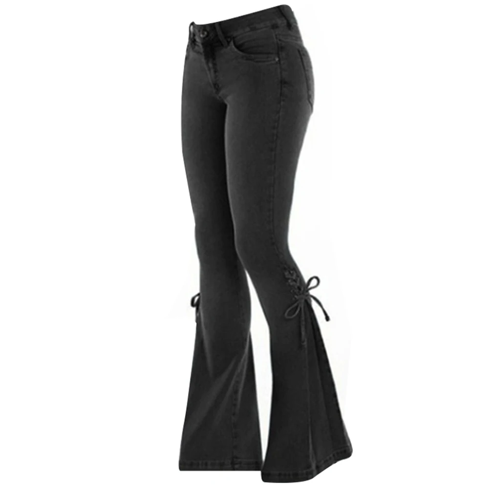 Женские джинсы со средней талией, с поясом, из денима, стрейчевые, с микро-колокольчиком, повседневные, модные джинсы IK88 - Цвет: Black