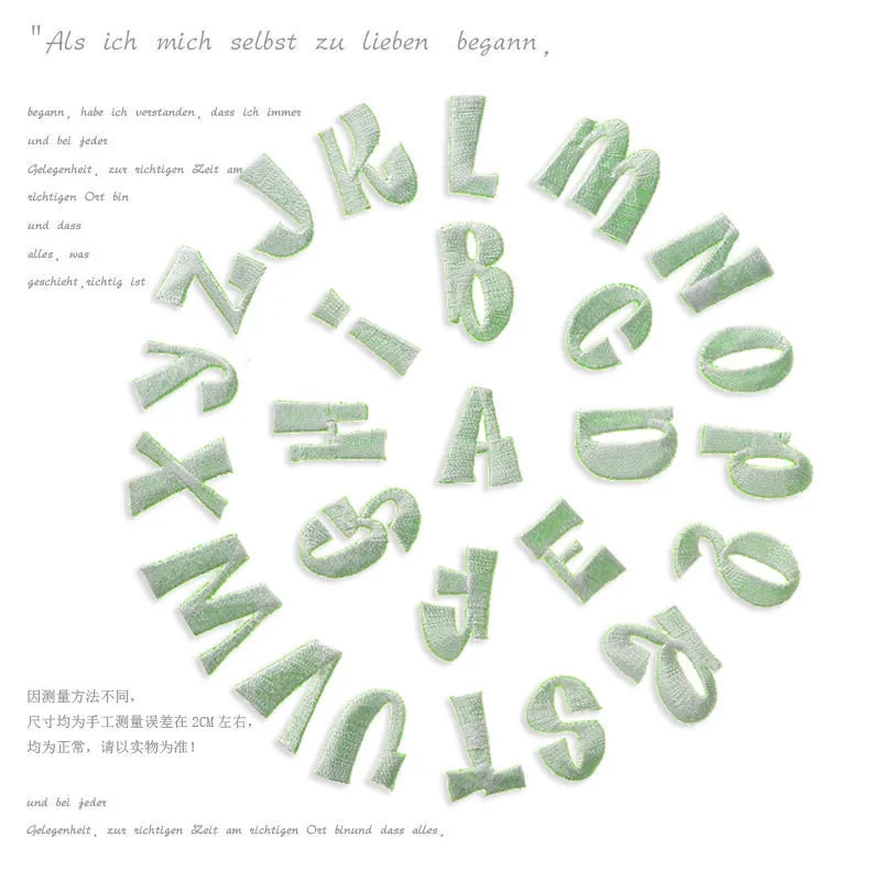

English alphabet embroidered patches light green back applique iron on letters for clothes bags applique DIY children clothes