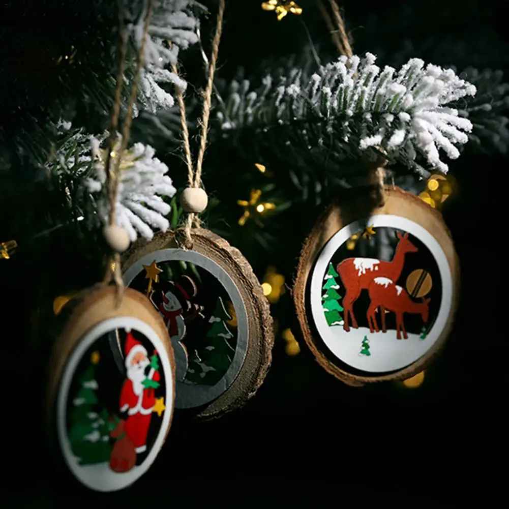 Рождественские деревянные висячие украшения круглые выдалбливают Снеговик Лось Санта Клаус узор кулон орнамент Рождественская елка украшения