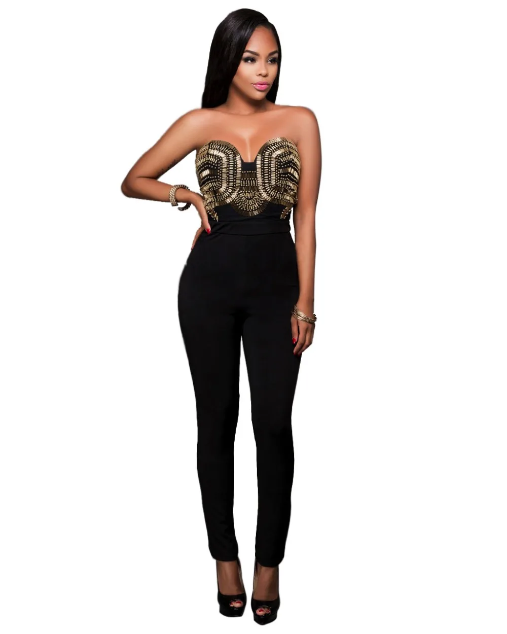 Yuerlian Sequined Strapless Jumpsuits Women Rivet Tube Rompers White Black One Piece Overalls