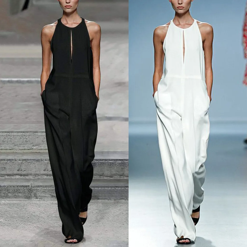 

jumpsuit Fashion Women bodysuit Sleeveless Plain Wide Leg Cotton Linen Long Playsuit ladies Jumpsuits streetwear H50