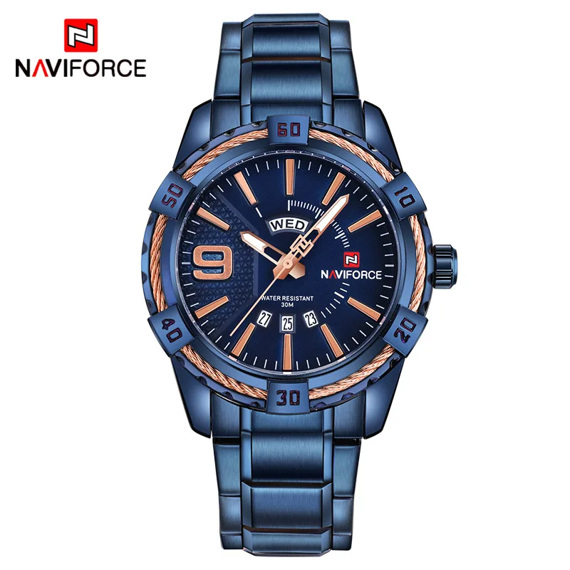 Новые модные роскошные Брендовые мужские золотые часы NAVIFORCE, мужские водонепроницаемые кварцевые часы из нержавеющей стали, мужские часы Relogio Masculino - Цвет: blue