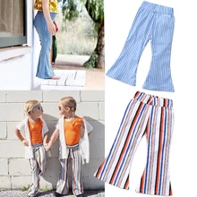 Летние штаны для девочек; повседневные Широкие штаны для маленьких девочек; леггинсы; Детские расклешенные брюки в полоску; Модная одежда