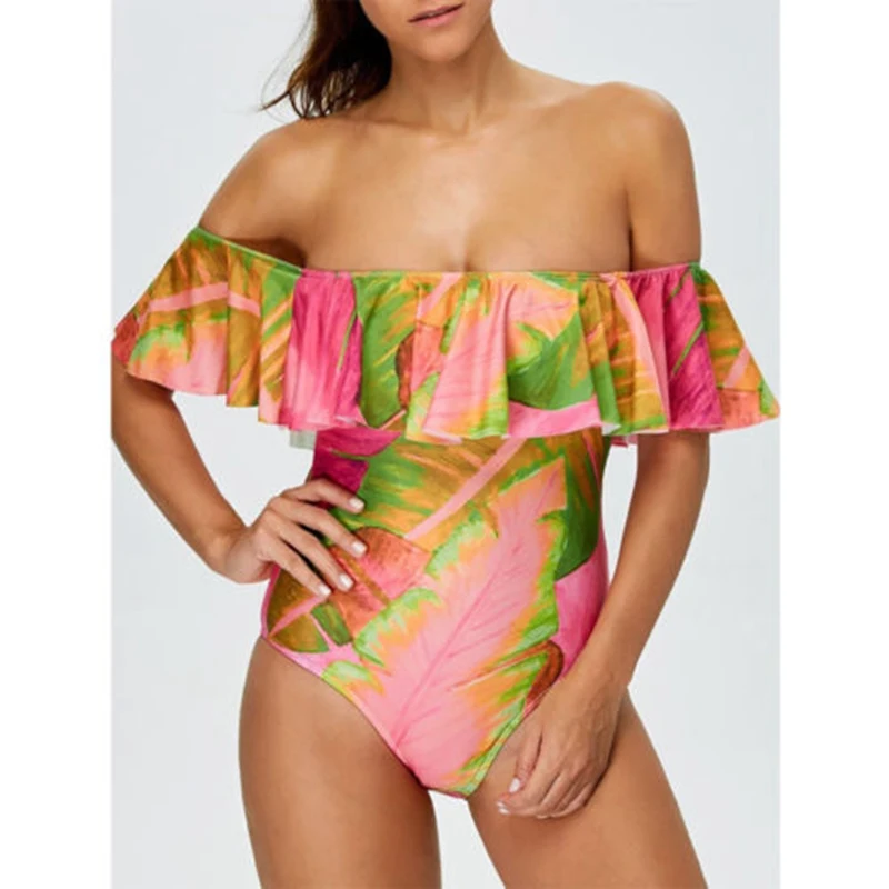 

Sexy 2018 Women Bandage Push-up Padded Bra Slash Neck Floral Swimsuit Bathing Suit Swimwear One-Piece Suits