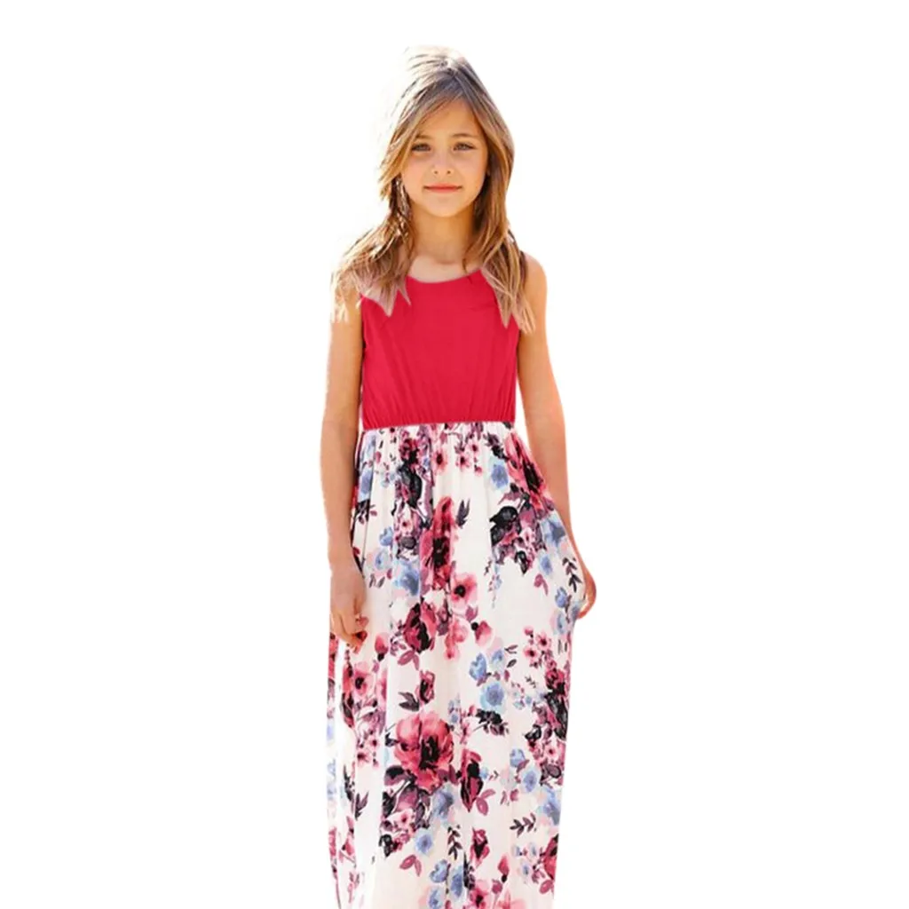 

Girls Summer Princess Dress Fashion Sleeveless Lovely Floral Print Casual With Pocket Maxi Dress нарядное платье для девочки
