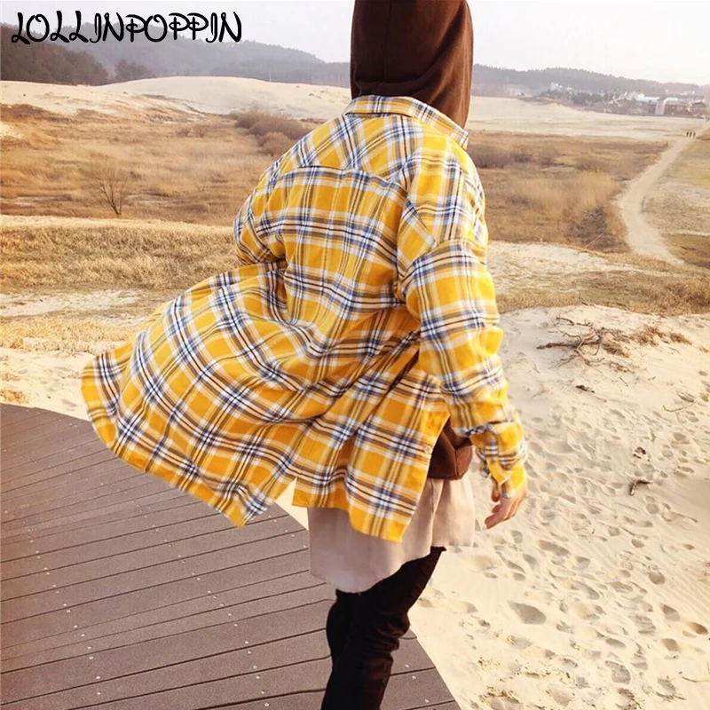 

Men Yellow Plaid Long Sleeve Shirt Asymmetric Bottom Checkered Pattern Mens Side Slit Casual Shirts Hip Hop Streetwear