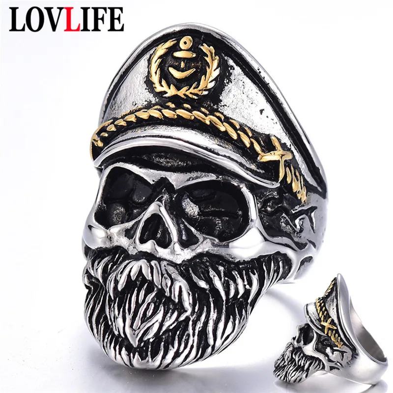 

Cool Men Punk Army Men's Ring Officer Navy Captain Cap Ring Rock Hip Hop Punk Antique Gold/Silver Skull Rings Vintage Fashion