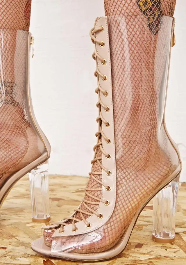 

PVC Spring Autumn Party Dress Shoes Women Peep Toe Transparent Heel Botas Mujer 2017 Top Selling Cut-outs Lace Up Mid-calf Boots