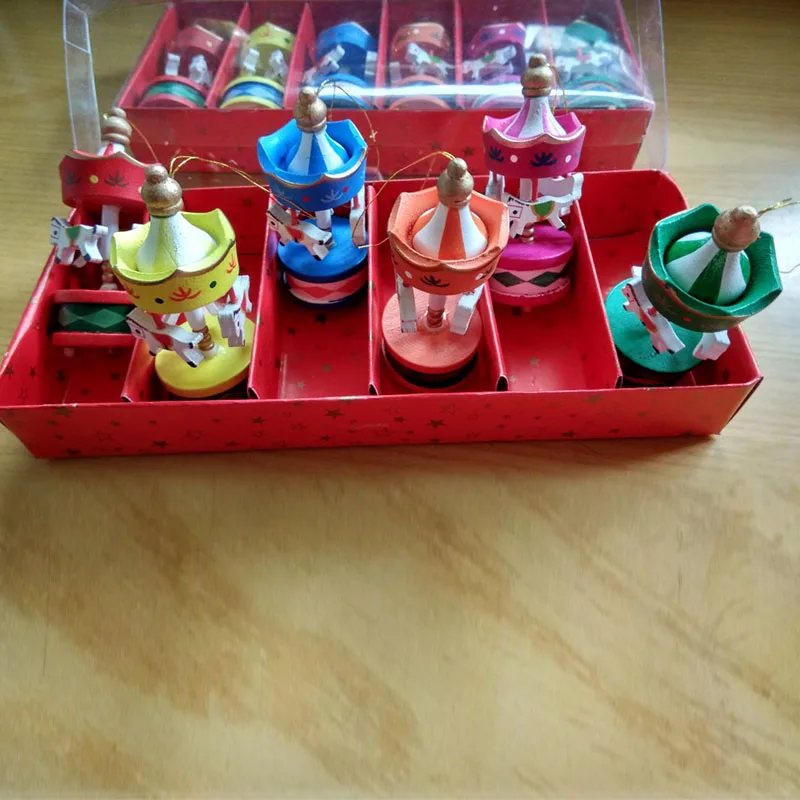 

6 Pcs/Set Christmas Ornaments Cute Carrousel Merry-go-round Wood Craft DIY Home Desktop Decoration For Kids Toys Gifts KM88