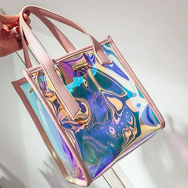 

Women Composite Transparent Hologram Laser Messenger Bag Pink Jelly Shoulder Bag Female Harajuku Big Tote Girl Handbags Bolsas