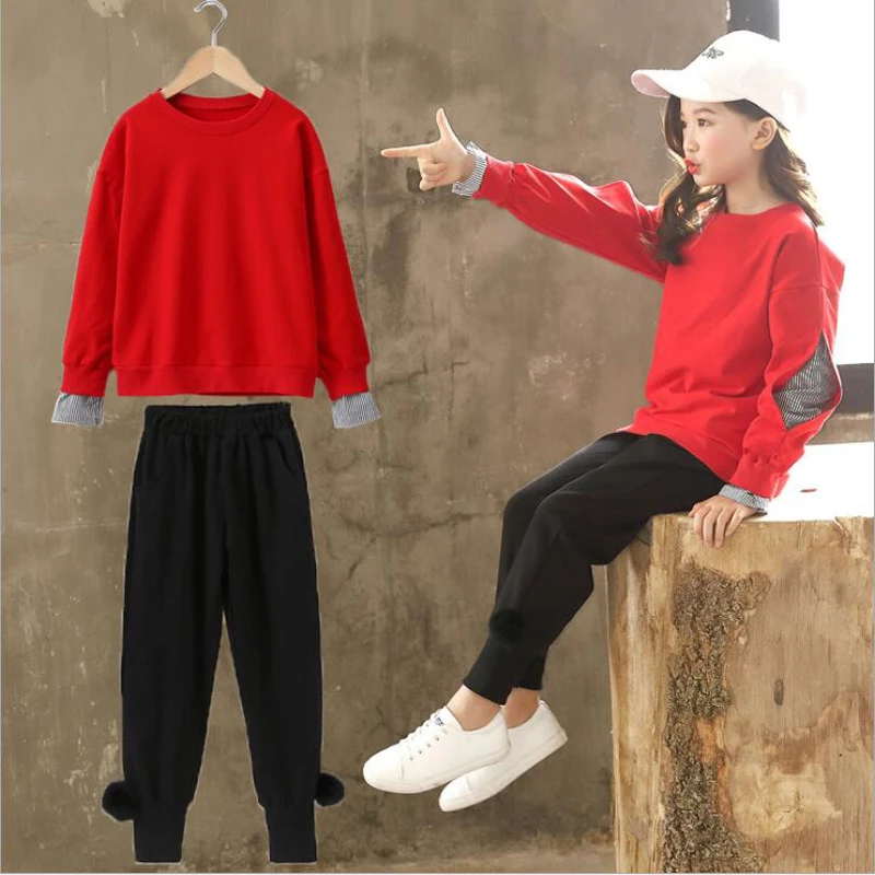 

Hot Sale Fashion Spring Autumn Girl Children's Cotton Clothing Set Red Sweater and Black Pant 2 Pieces Suit