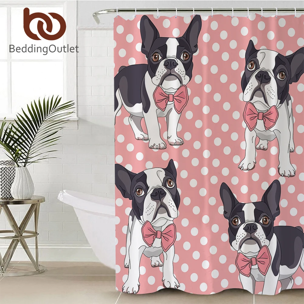 

BeddingOutlet Cartoon Bulldog Bathroom Shower Curtain Pug Dog Waterproof Decorative Bath Curtain With Hooks Pink for Girls