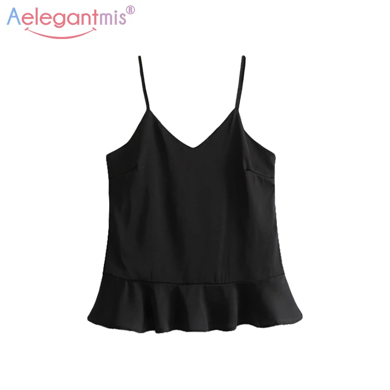 

Aelegantmis Sexy V Neck Solid Women Tops Summer Off Shoulder Sleeveless Camis Tops Ladies Backless Ruffles Hem Casual Crop Tops