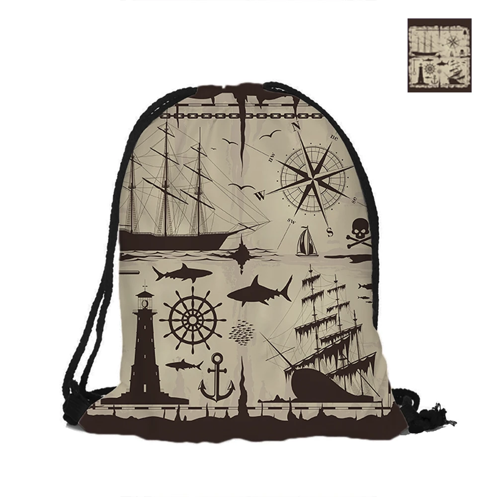 Nautical Style Printing Drawstring Backpack Fashion Polyester Bags For