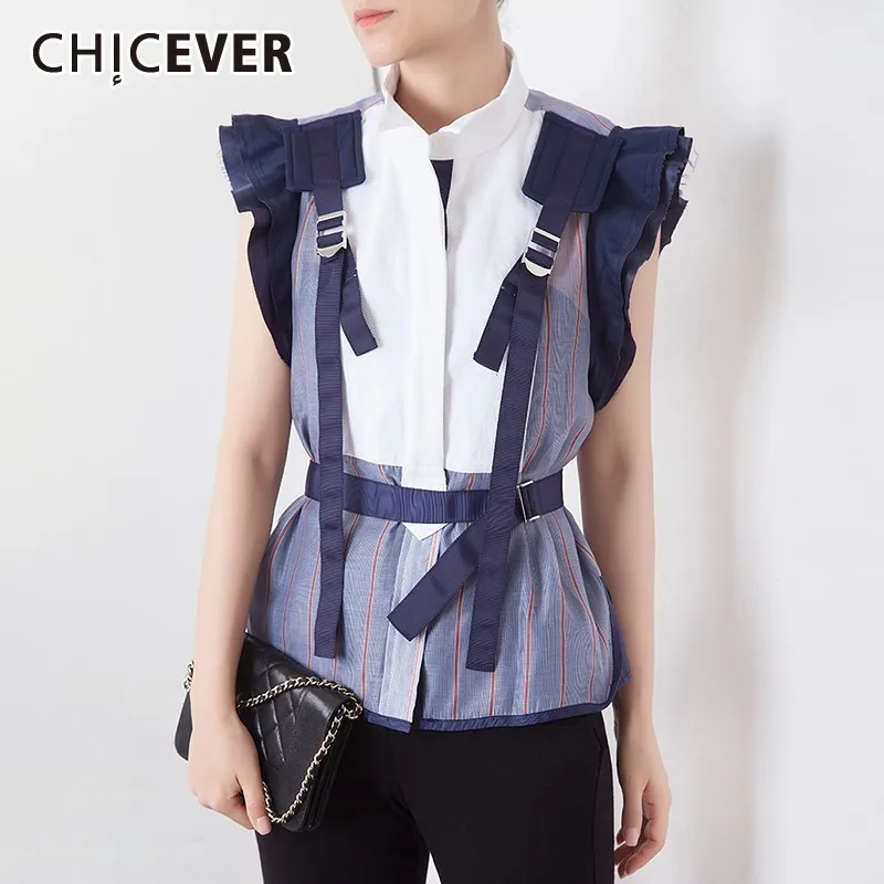 

CHICEVER Summer Casual Perspective Striped Women's Blouse Stand Collar Butterfly Sleeve Patchwork Sashes Slim Short Female Shirt