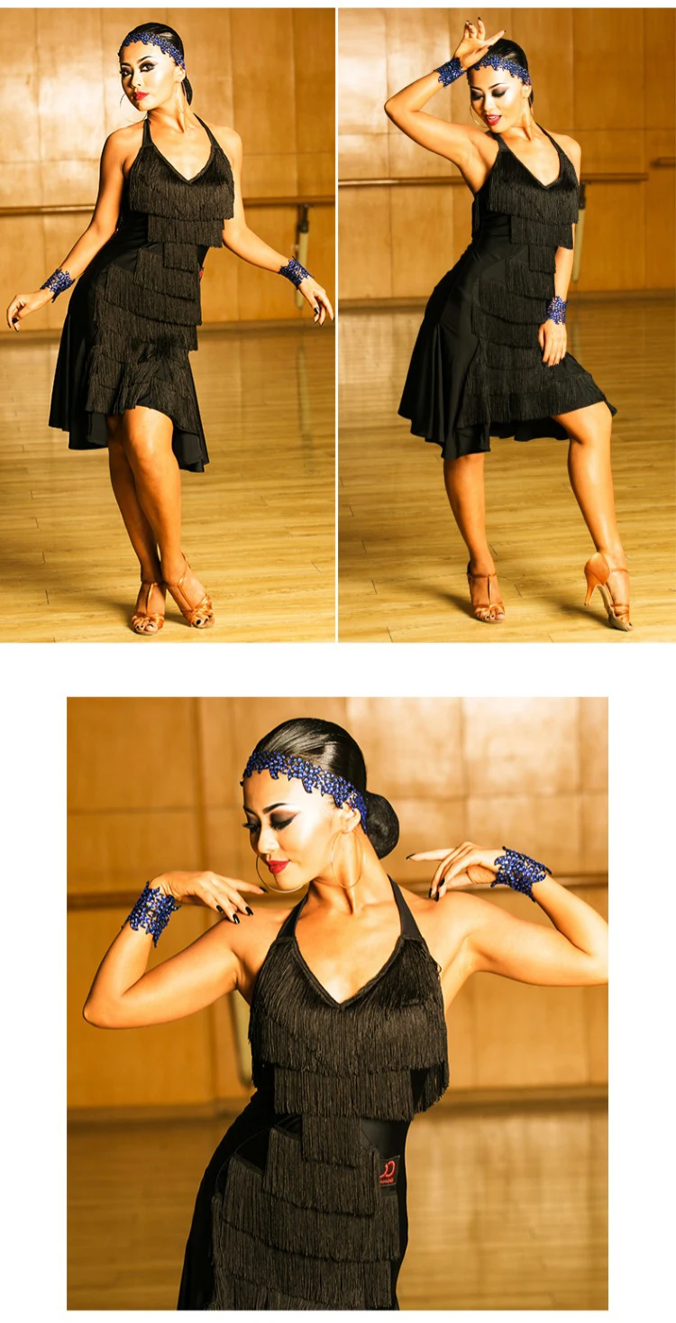 Черное платье для латинских танцев Женская Высококачественная бахрома для сальсы самба румба Одежда для танцев без рукавов с кисточками одежда для бальных танцев DC1049