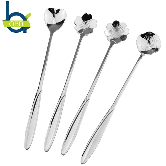 Special Price OBR 4PCS/Set Stainless Steel Long Handle Stir Spoons Dessert Ice Spoon Cherry Rose Cosmos Love Spoon Coffee&Tea Accessories