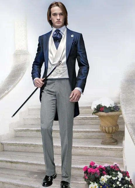 

2016 New Arrival Italian formal blue and black Wedding Suits For Men peaked lapel men tailcoats one button slim fit