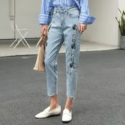 Женские джинсы с цветочной вышивкой винтажные женские джинсы с высокой талией Boyfriend джинсы для женщин укороченные джинсы мешковатый гарем