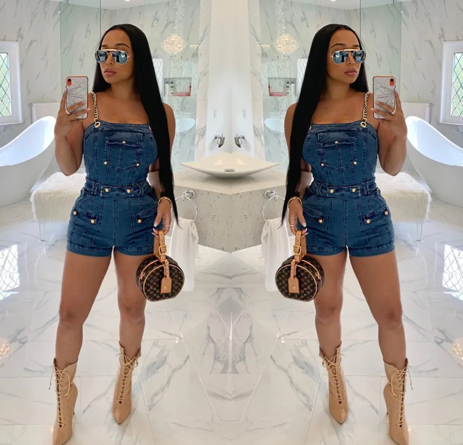 Newest Personality Gold Chain Shoulder Strap Tube Top Strapless Denim Shorts Jumpsuits Denim Overalls Women Fashion Nova Woman