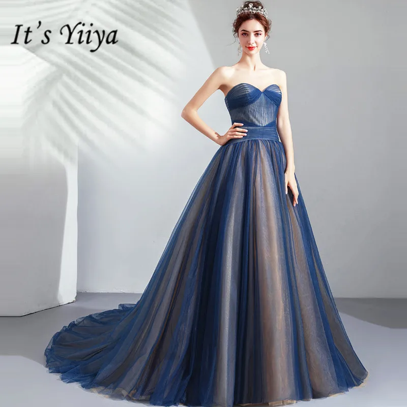 

It's YiiYa Prom Gowns Strapless Sleeveless A-Line Floor Length Court Train Party Dress Custom Plus Size Prom Dresses 2019 E250