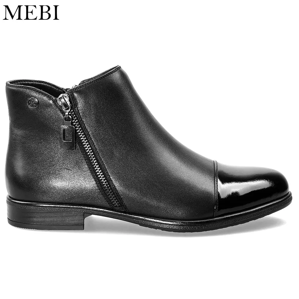 Noir Chaudes Carré Courtes Peluche Hiver Véritable Cheville Cuir Bout Mouton En De Chaussures Peau Mebi Femmes Rond Talon Bottes qTw188U