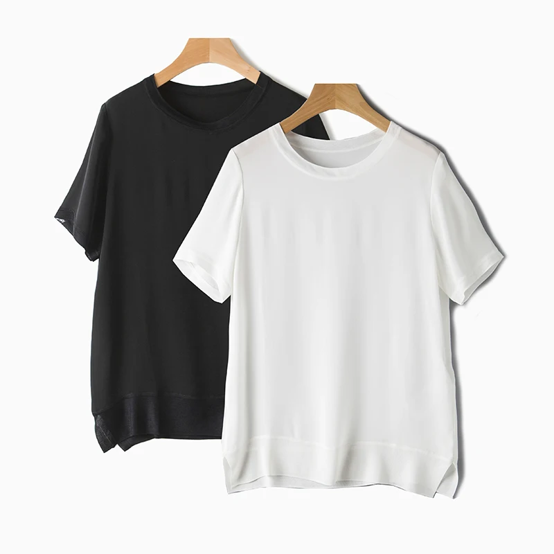 Женские однотонные шелк футболка с разрезом и ребра на воротник низ 2017 Лето|t-shirt
