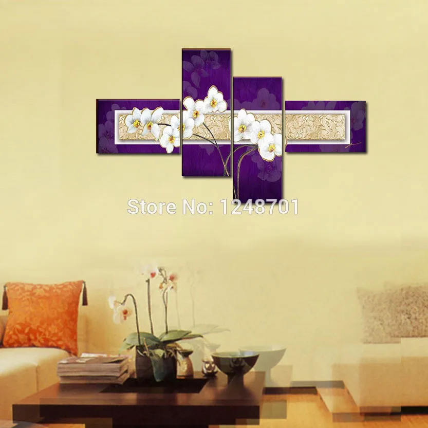 

Purple and White Canvas Wall Art Abstract Modern Acrylic Painting Flowers On Oil Canvas 4 Piece Pictures Decor Set