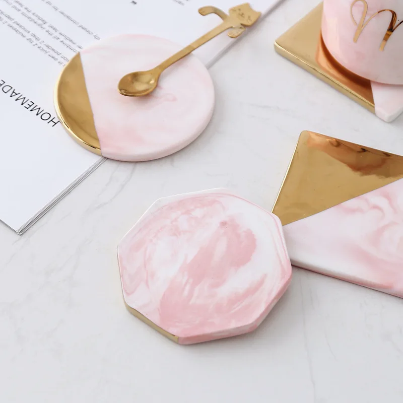Luxury Unique Marble Pink Gold Ceramic Placemat Coaster Porcelain Mats Pads Table Decoration Accessories Kitchen Tool Gift