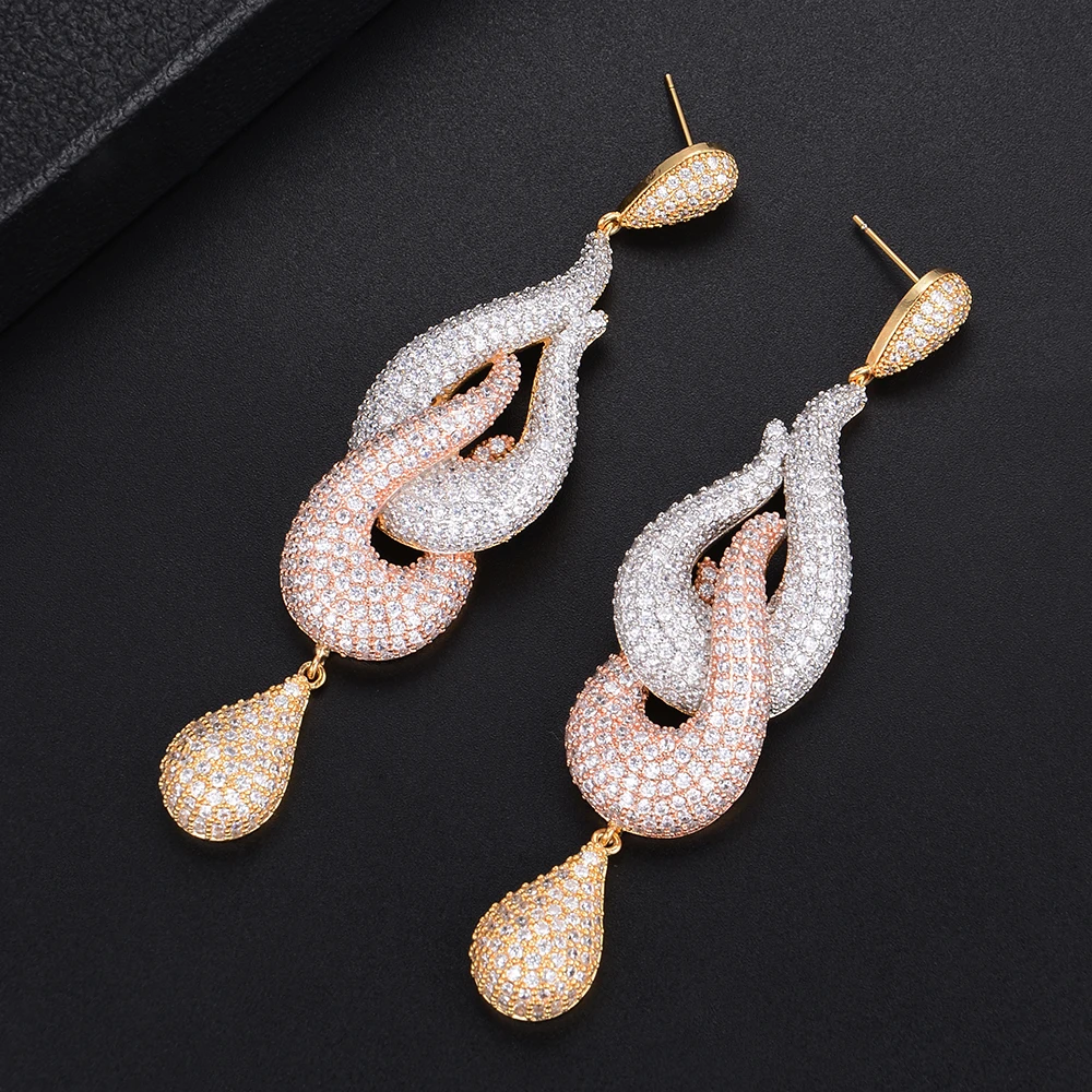 

86mm Popular Multicolor Pierced Waterdrop Pendant Geometry Buckle Cubic Zirconia Dangle Earrings For Women Jewelry