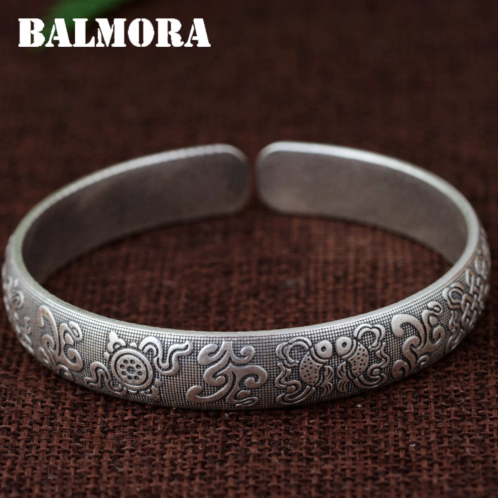 

BALMORA 990 Pure Silver Fish Pattern Open Bangles for Women Men about 18cm Bracelet Buddhistic Silver Jewelry Pulsera SZ0494