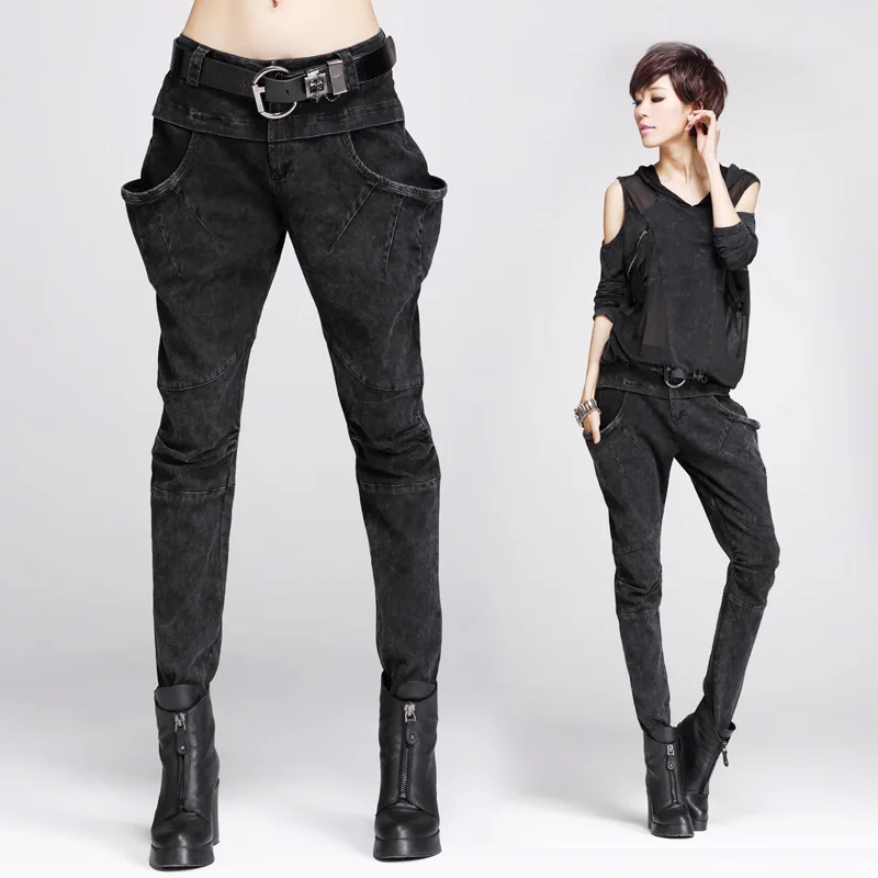 High Quality Spring Autumn Women Black Jeans Trousers Female fashion Cross-pants Slim Pockets Zipper Pencil Pants Harem Pants