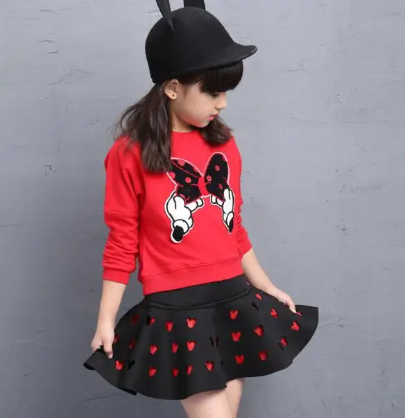Xunqicls/нарядная одежда принцессы из 2 предметов для девочек длинная футболка с рисунком топы и юбка, платье комплект детской одежды - Цвет: Красный