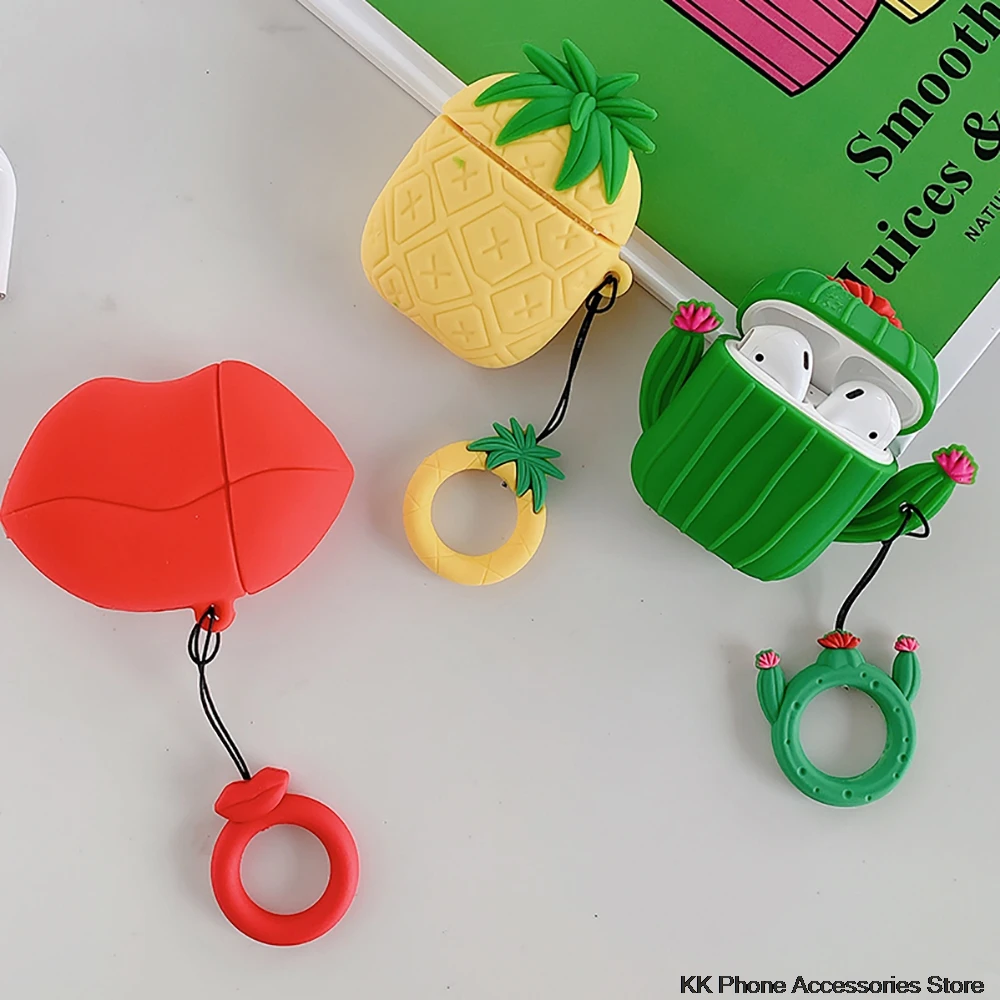 

For AirPods Case Cactus Pineapple Soft Silicone Bluetooth Earphone Case For Airpods 2 Cover Charging Box With Finger Ring Strap
