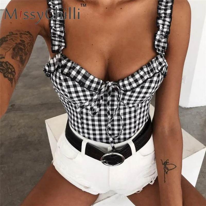 

MissyChilli Sexy bow v neck backless crop top Women black plaid summer camisoles top Female elegant casual club short tank tops
