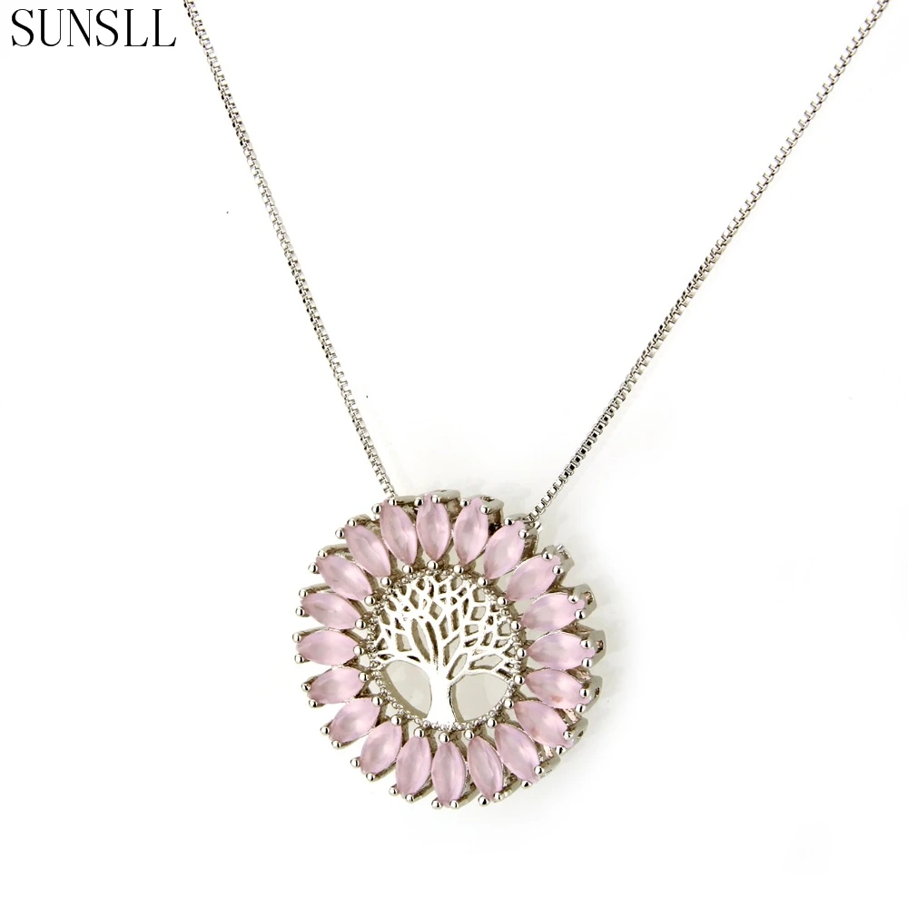 

SUNSLL 3 Color Copper Cubic Zirconia Life Tree Diameter 2.75cm Round Pendant Necklaces Women's fashion Jewelry Colar Feminina