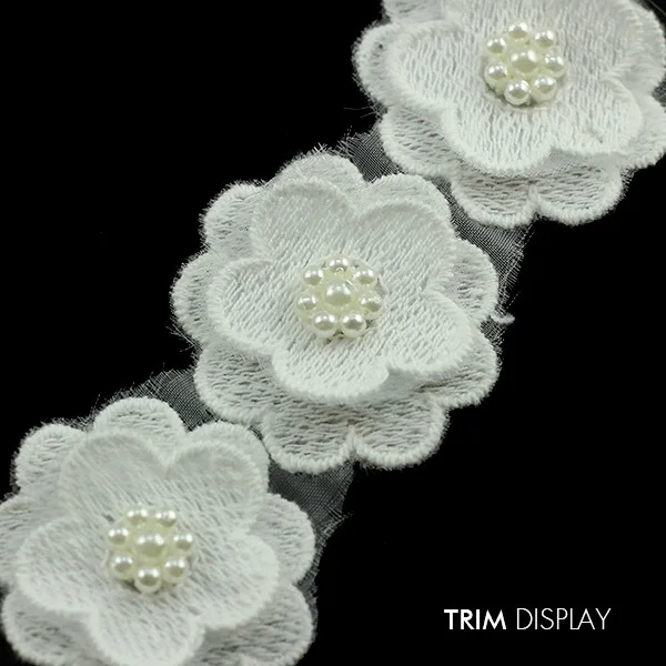 Fashion bead lace Beaded Pearls 2 layer Flower Lace Fabric Ribbon White Trim Applique Scrapbooking Venise Embossed for W | Дом и сад